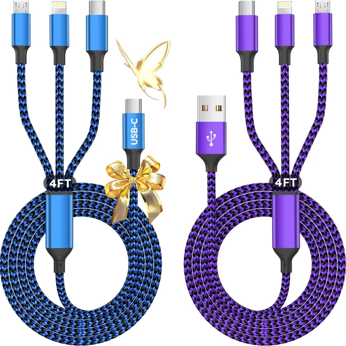 Miimall Miimall 3-in-1 Multi Charging Cable USB-A + USB-C 2Pack 4FT — product photo