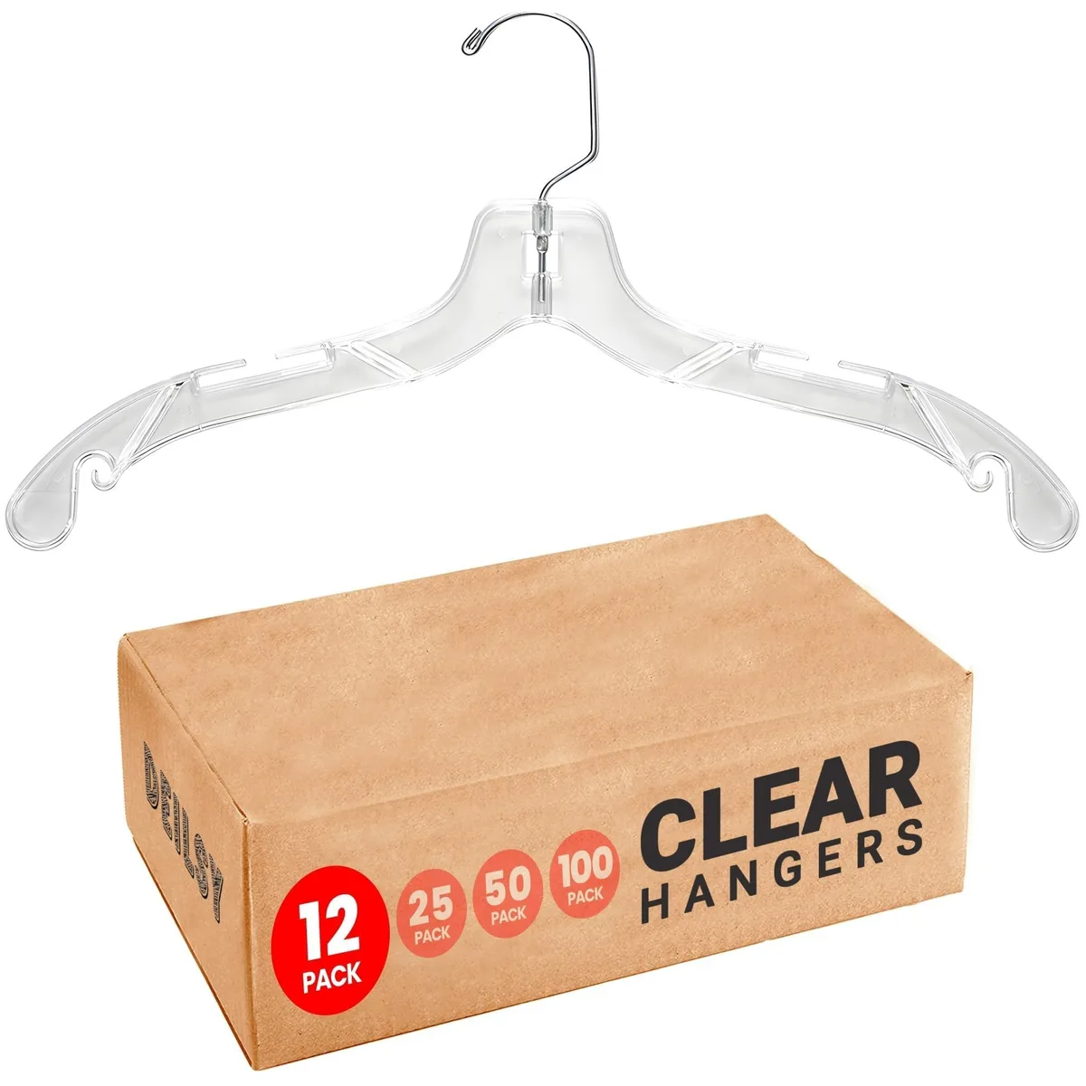 Twelve clear acrylic shirt hangers with metal hooks