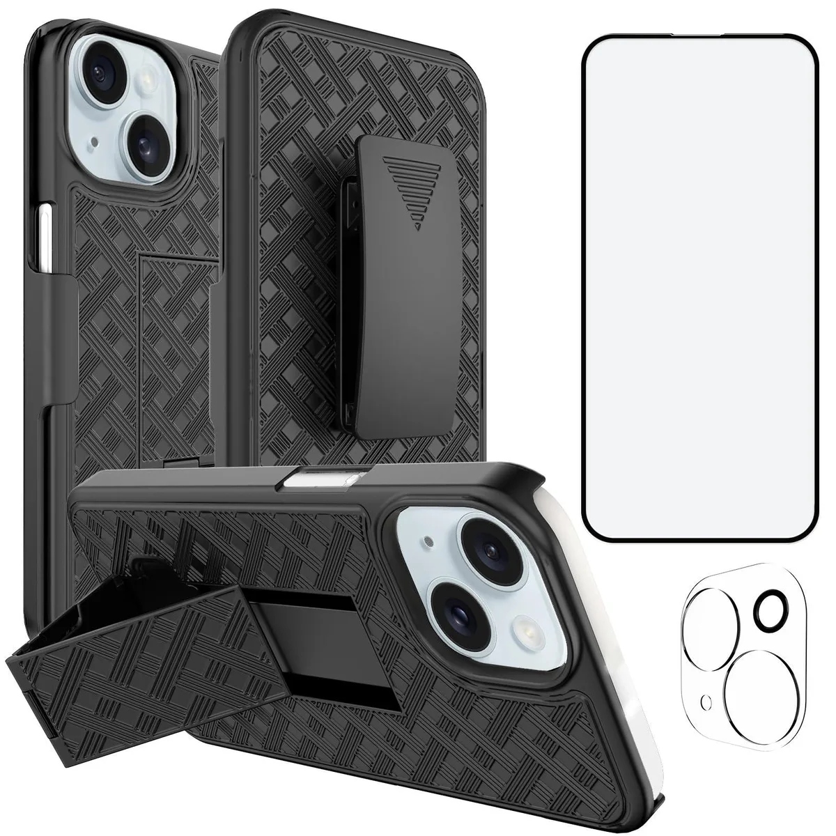  Ailiber iPhone 15 Stand Case Belt Clip Holster Screen Protector Black - cell phones - unlocked — product photo