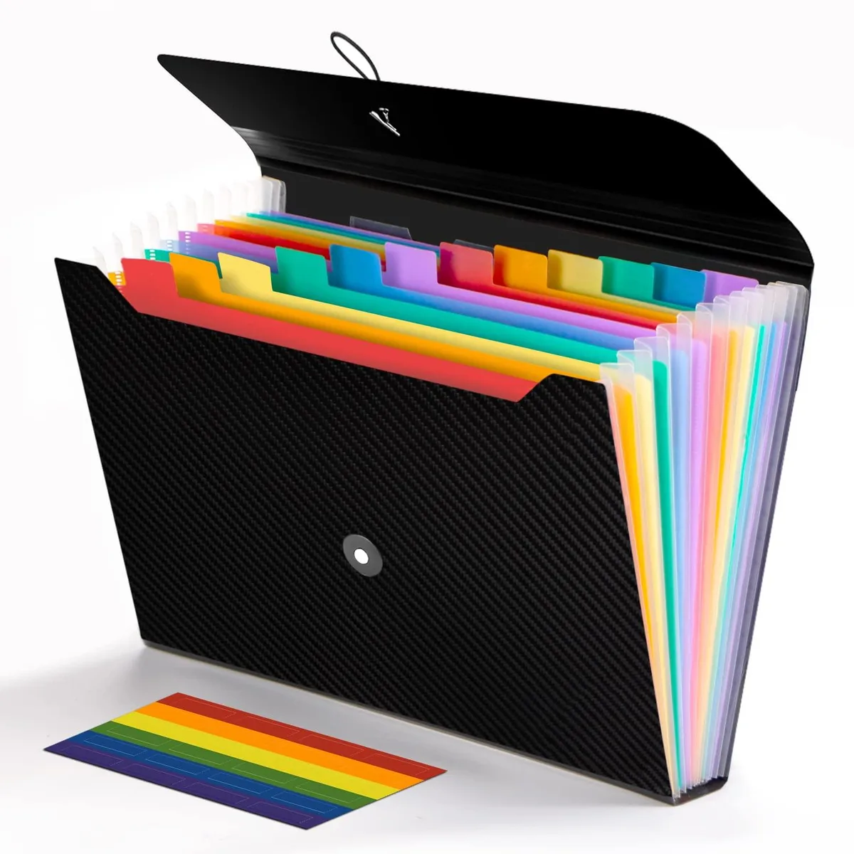 Two transparent polypropylene expanding file folders with 13 coloured pockets and elastic button closure