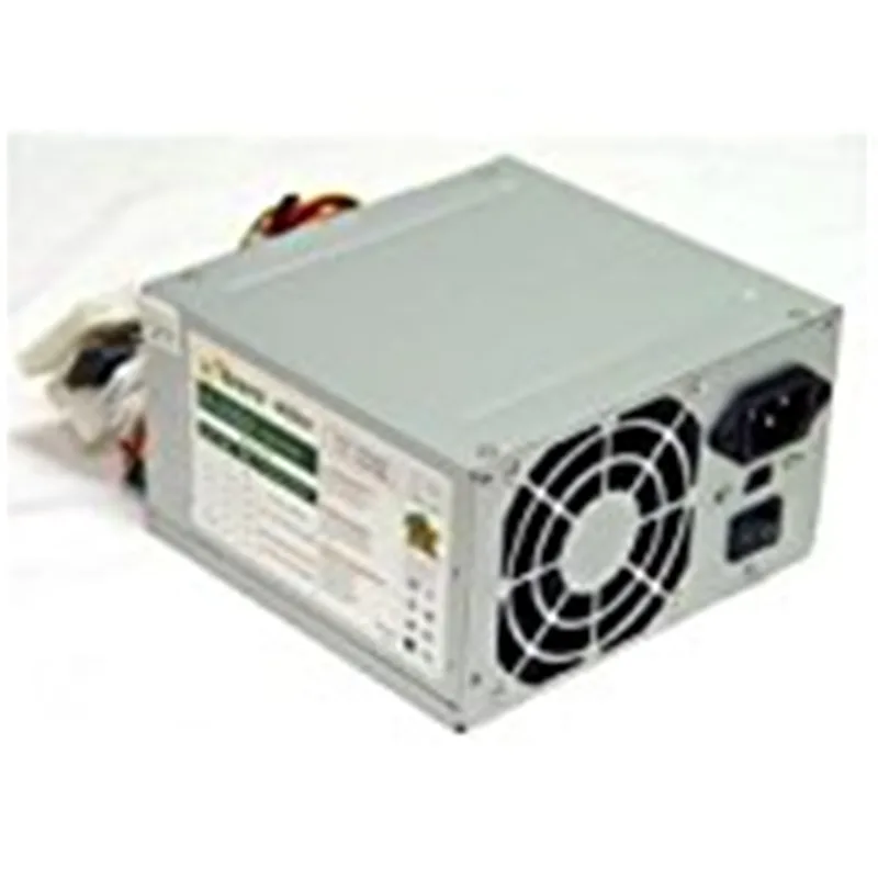 A standard rectangular silver power supply unit with rear fan grille and cable bundle