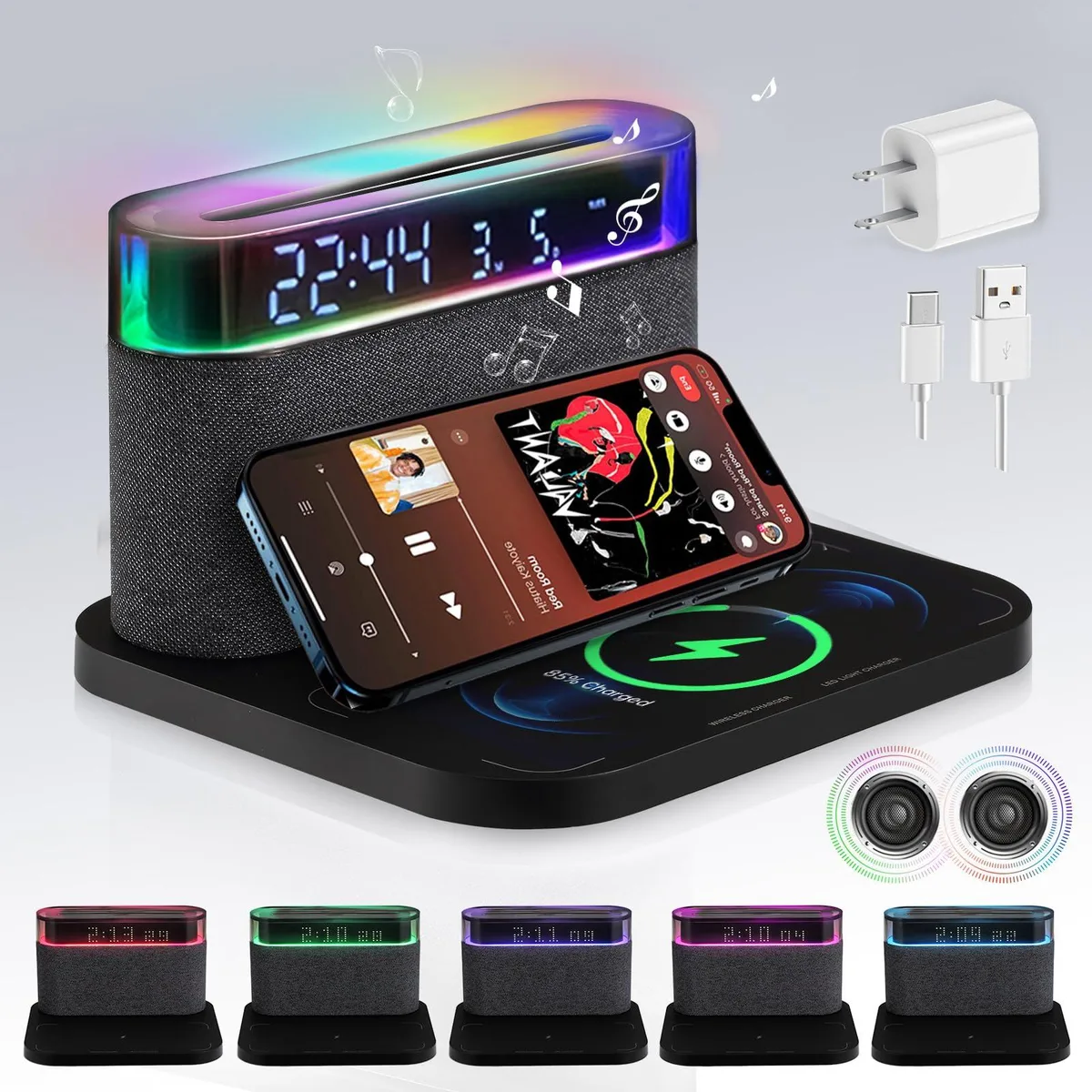 Black rectangular digital clock with detachable wireless charging base and fabric speaker grille