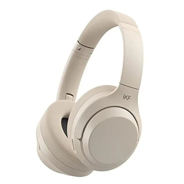Off-white foldable over-ear headphones with 40mm drivers, 50-hour battery, .038s latency