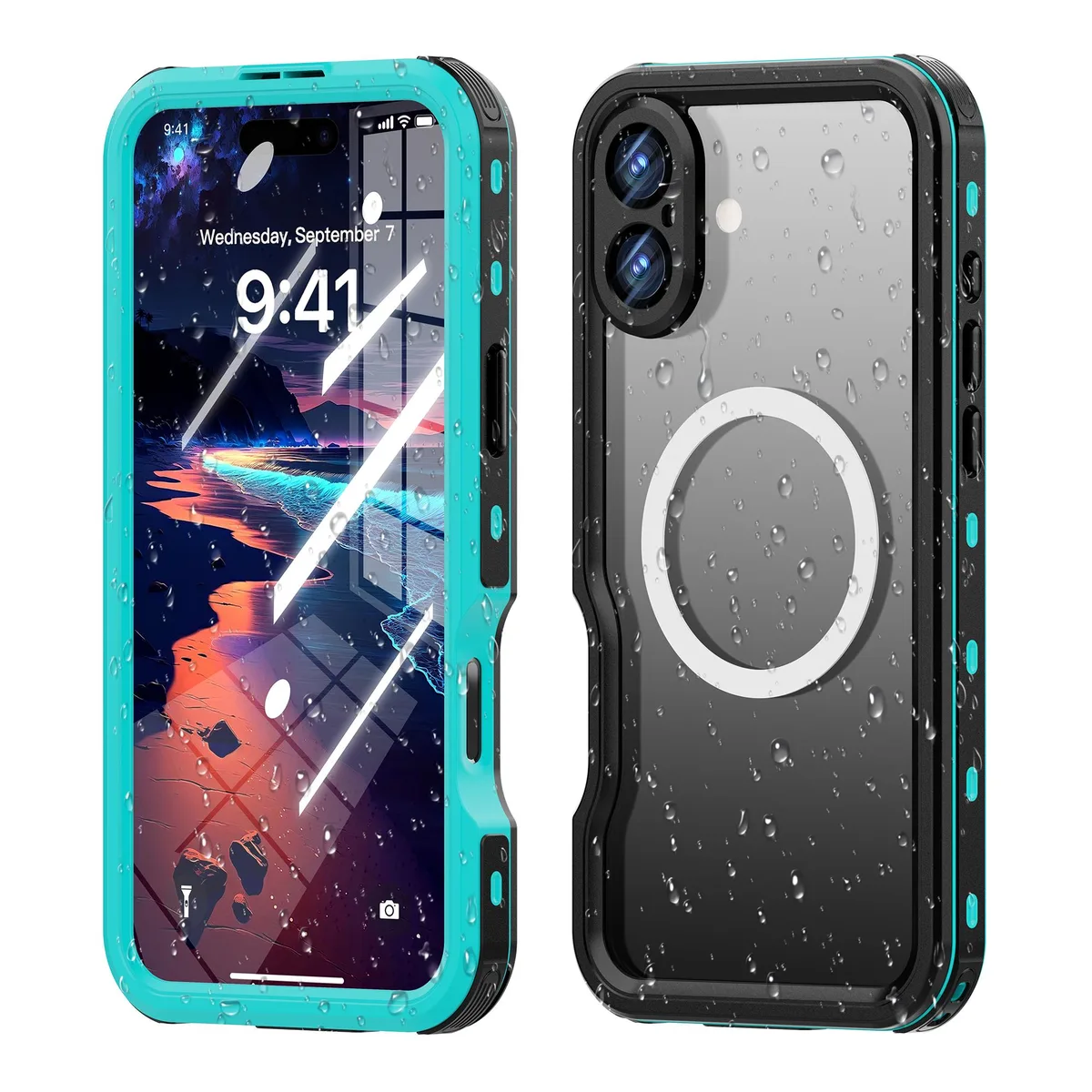 Blue waterproof case for iPhone 16 Plus with MagSafe ring visible
