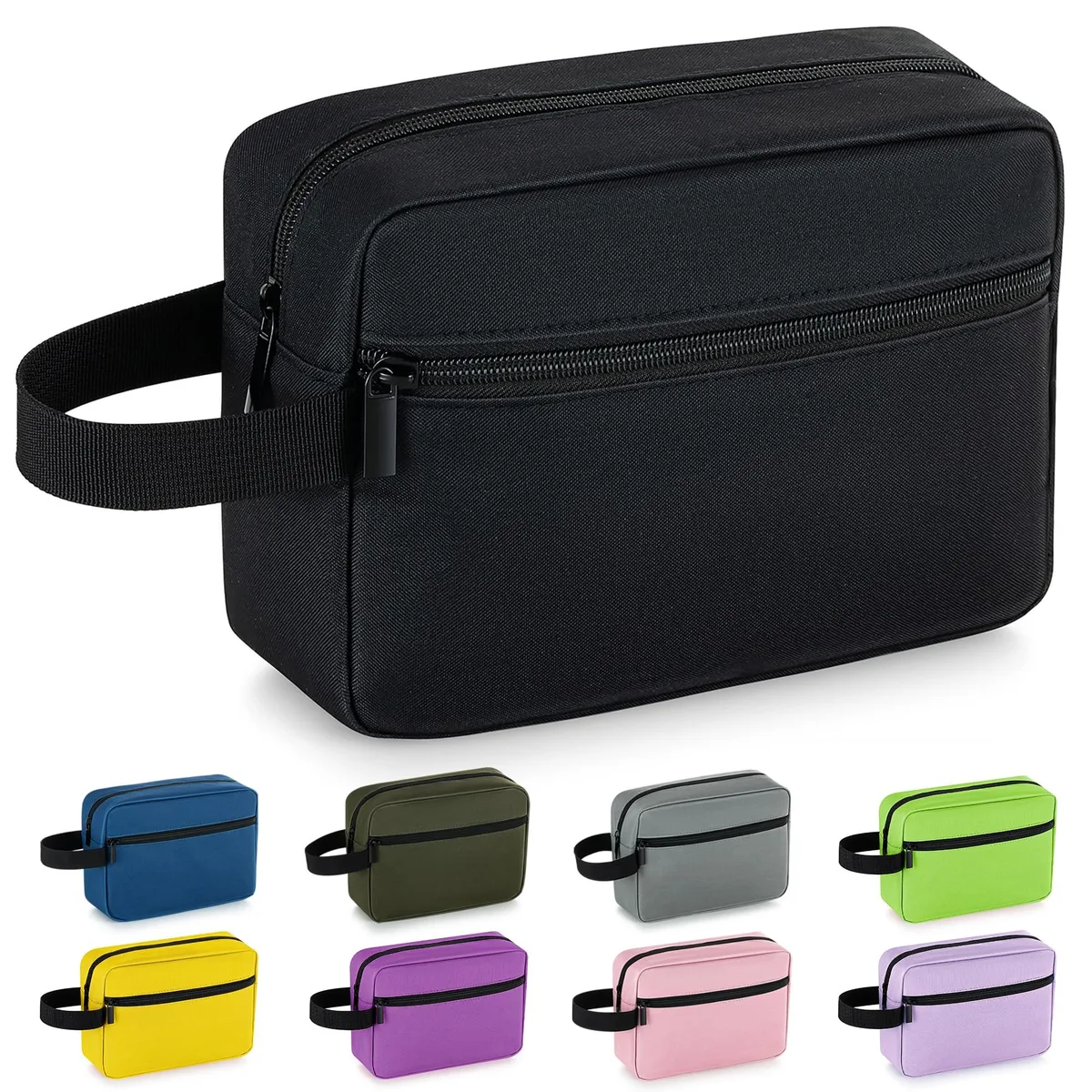 Small black toiletry bag, compact rectangular shape, smooth fabric finish, top zipper and carry handle