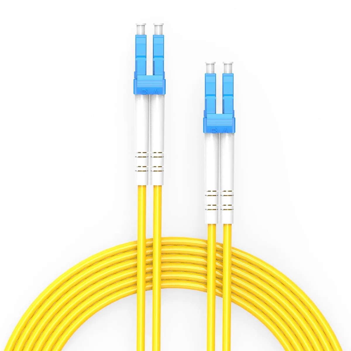 Yellow 150 metre singlemode duplex fibre patch cable with LC connectors at both ends