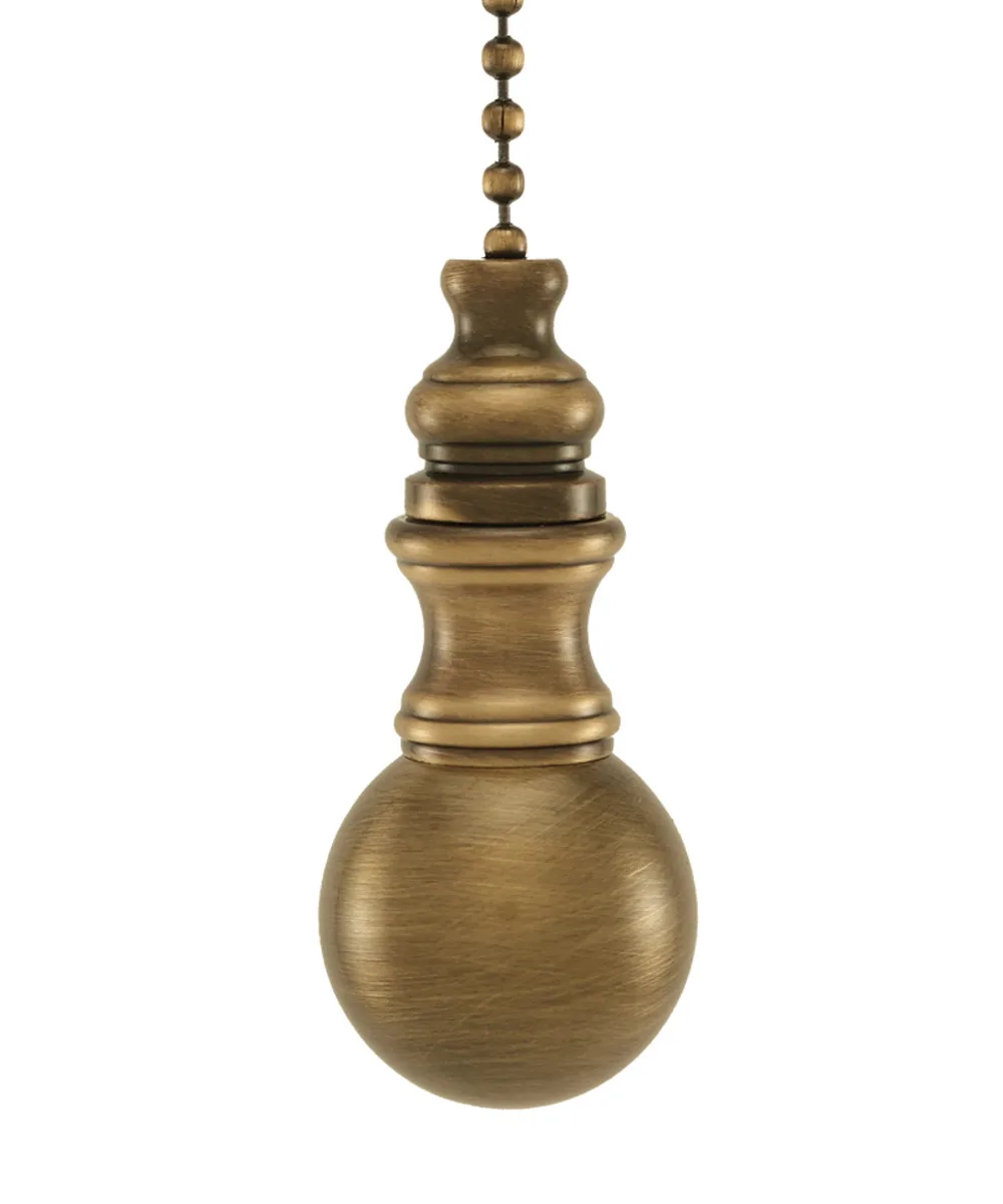 Antique brass sphere pull 1.2" high with 12" beaded chain