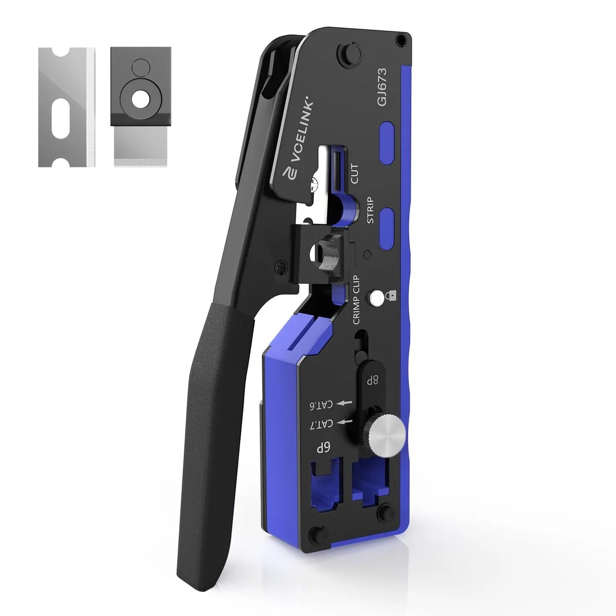 Blue RJ45 crimp tool kit with adjustable knob and 25 pins