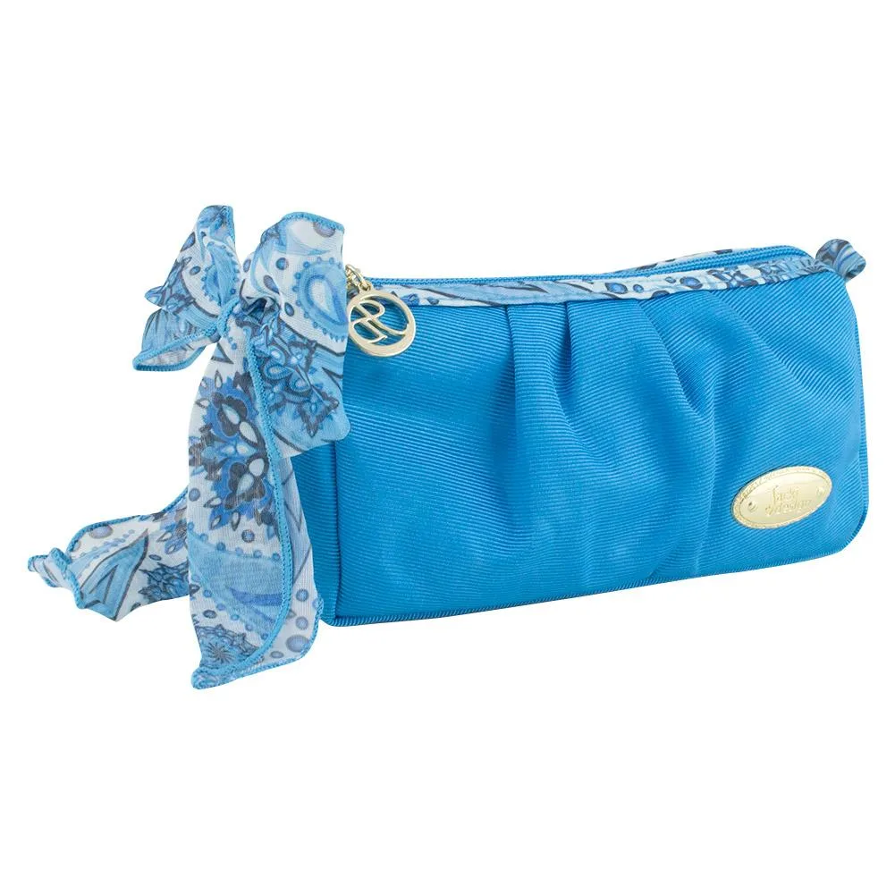 Blue compact cosmetic bag with vibrant summer pattern, zip closure, lightweight fabric construction