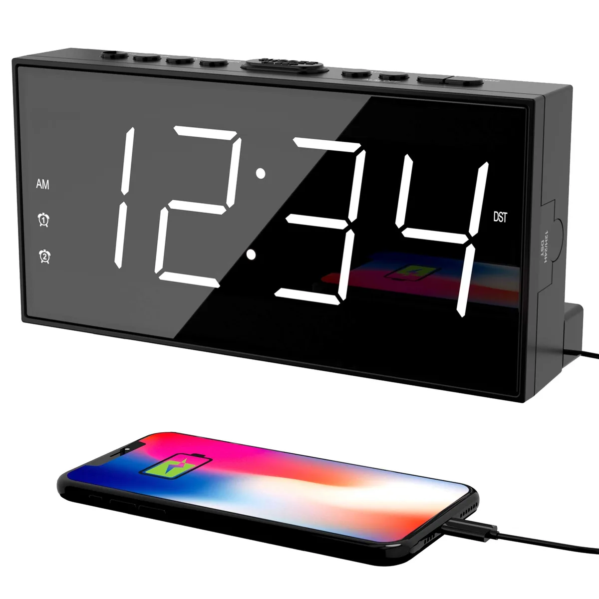 White rectangular digital alarm clock with 7.5 inch LED display and USB port