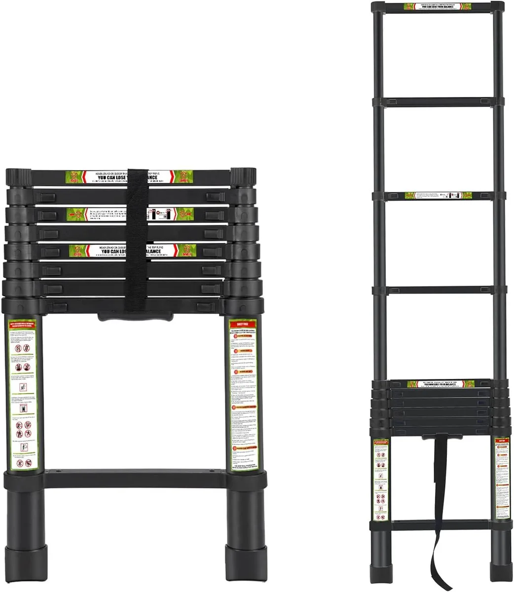 Black telescopic ladder collapsed to a compact rectangular block with silver aluminium rungs and black non-slip feet