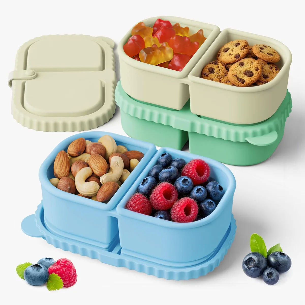 Three red silicone snack boxes with double compartments and lids