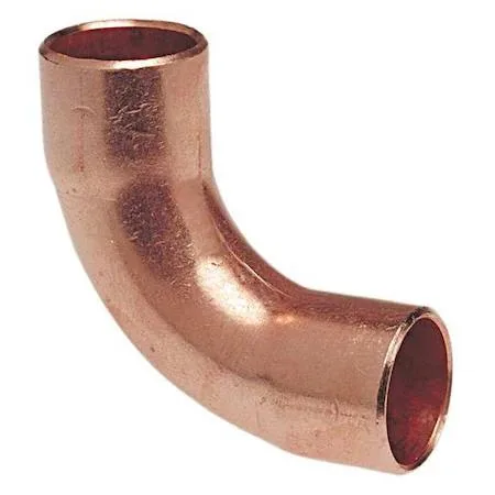 Small copper elbow fitting, reducing 90-degree long radius, 1/4 by 1/8 inch connections
