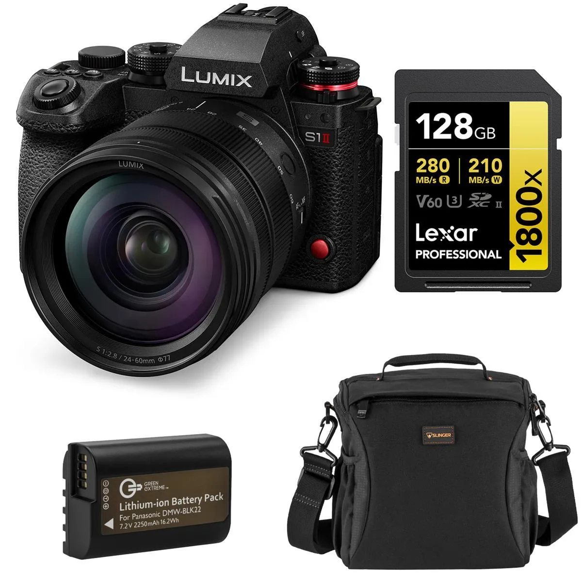 Panasonic Panasonic LUMIX S1II compact mirrorless camera with S 24-60mm f/2.8 lens, 128GB card, battery, bag — product photo