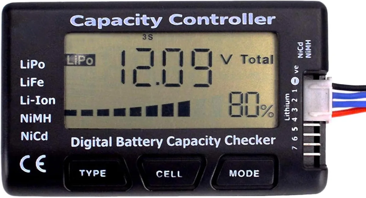 Small black handheld battery checker with 2.1 inch screen and balance connector ports
