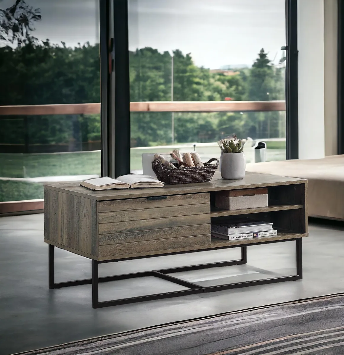 Rectangular coffee table with rustic oak top, black metal frame, one door and two open shelves