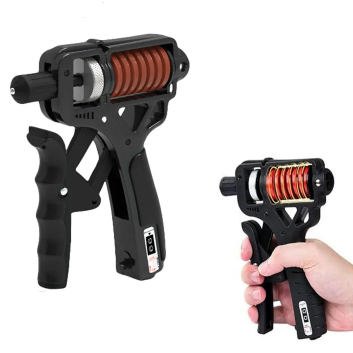 Black adjustable hand grip trainer with spring knob and mechanical counter, compact carbon steel and plastic build