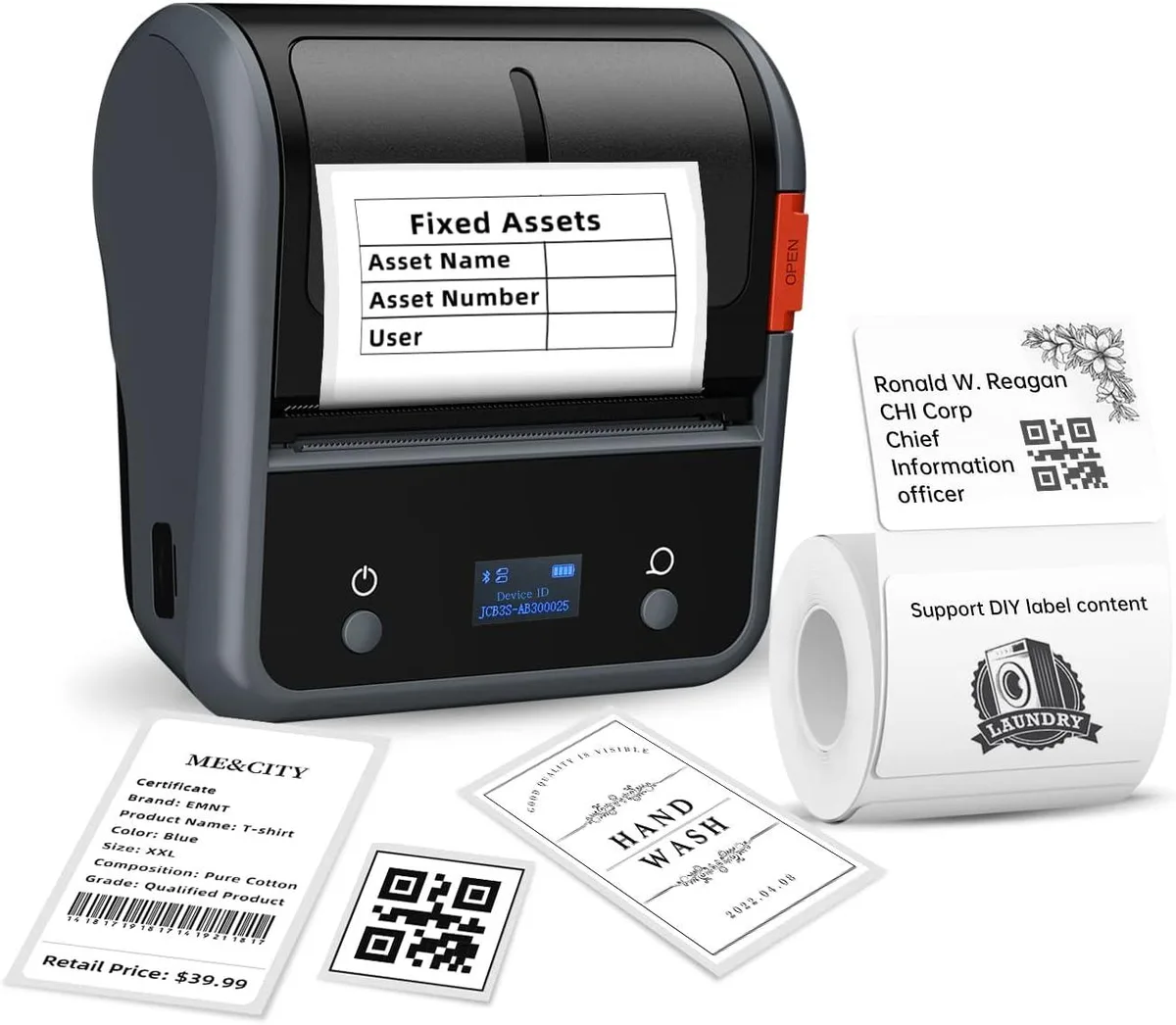 Compact white handheld label printer with rounded edges and a dark print window, about 4.5 by 4.3 by 2.4 inches