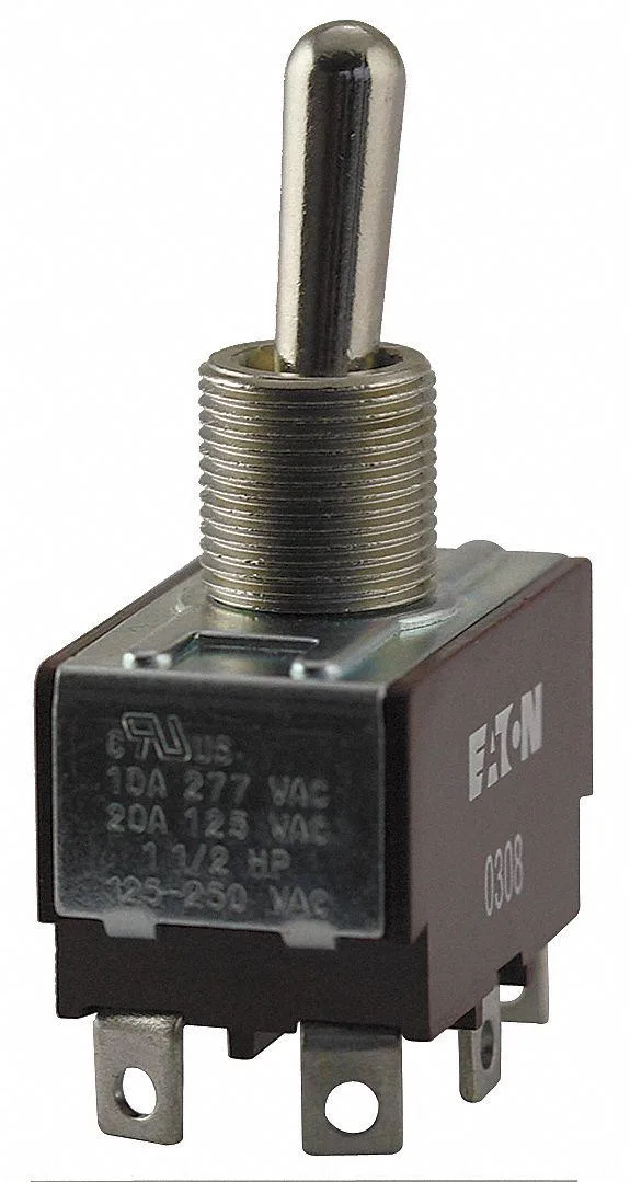 Silver toggle switch with threaded stem and three quick-connect terminals