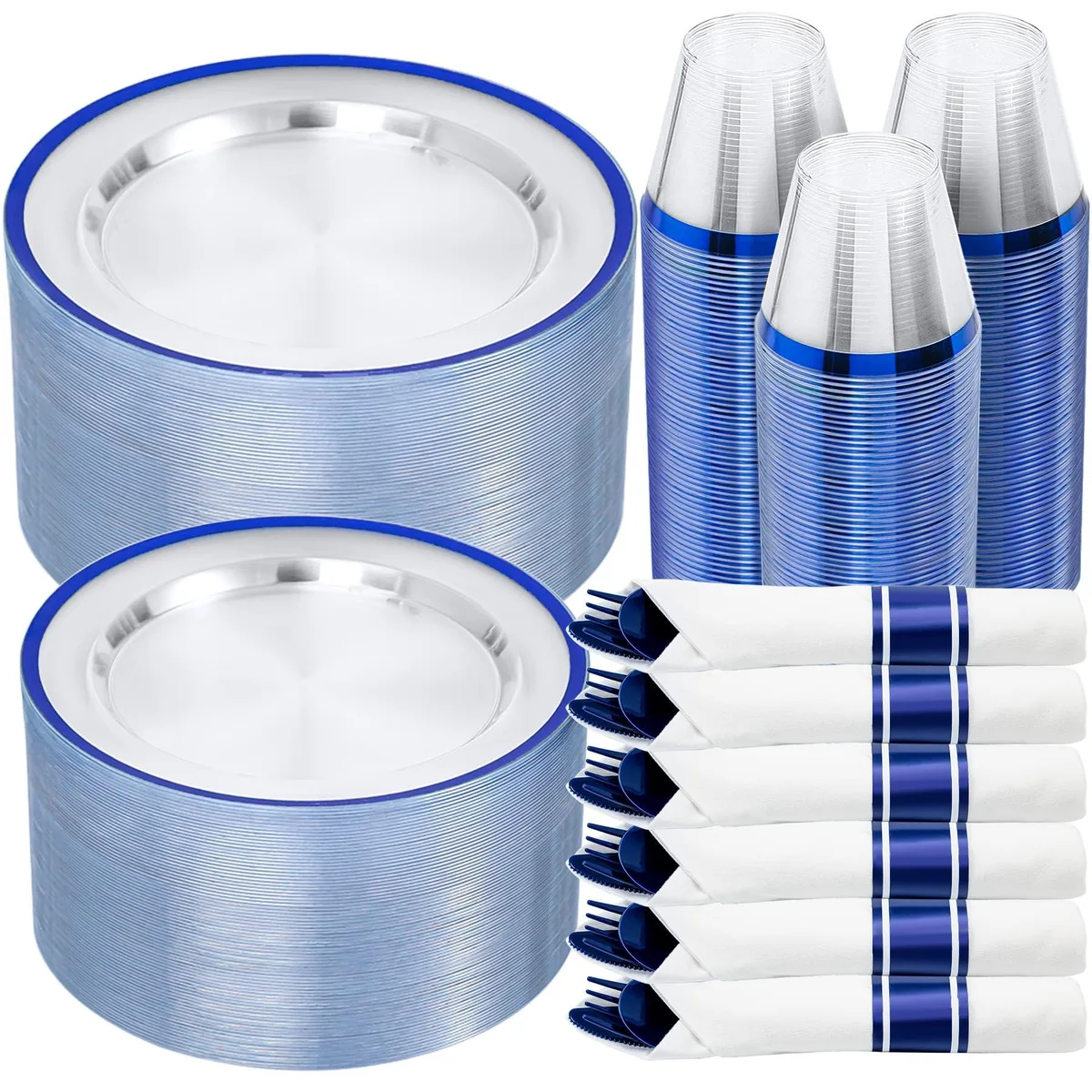 350-piece dark blue plastic dinnerware set for 50 guests with plates cups napkins cutlery