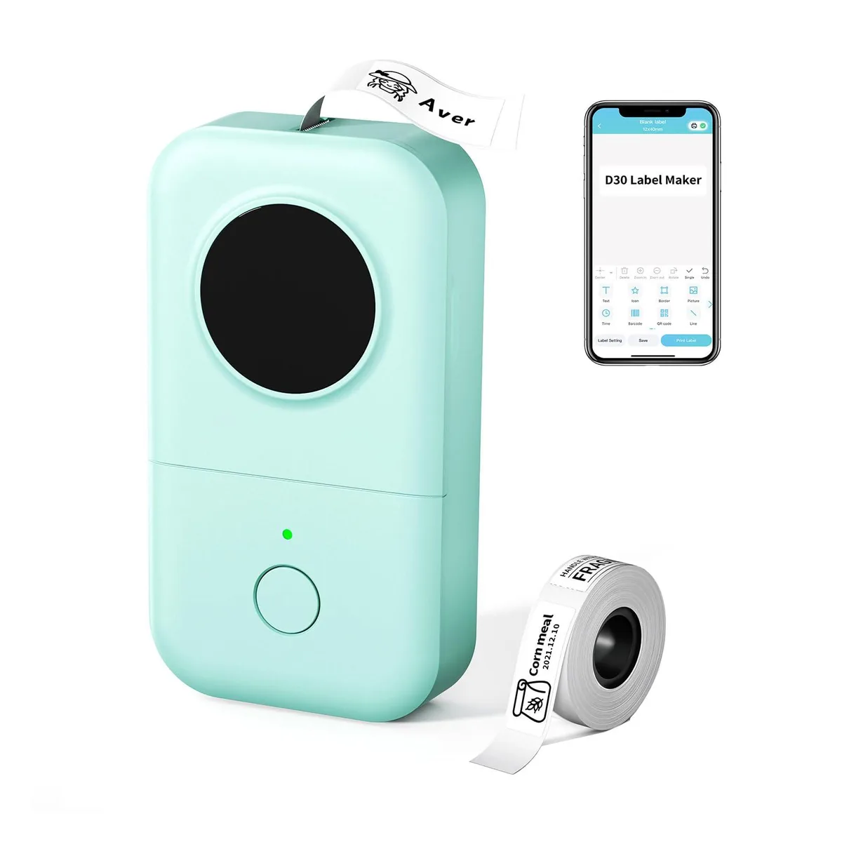 Compact green thermal label printer with 12 mm tape roll, 160 g weight