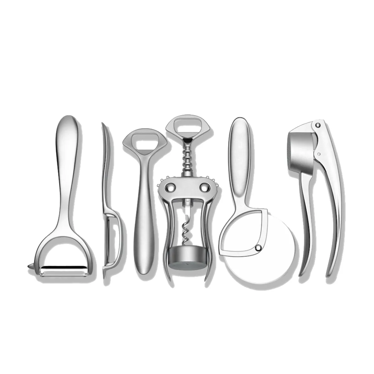 Six-piece metal kitchen tool set with matte finish, includes peeler, openers, cutter, press