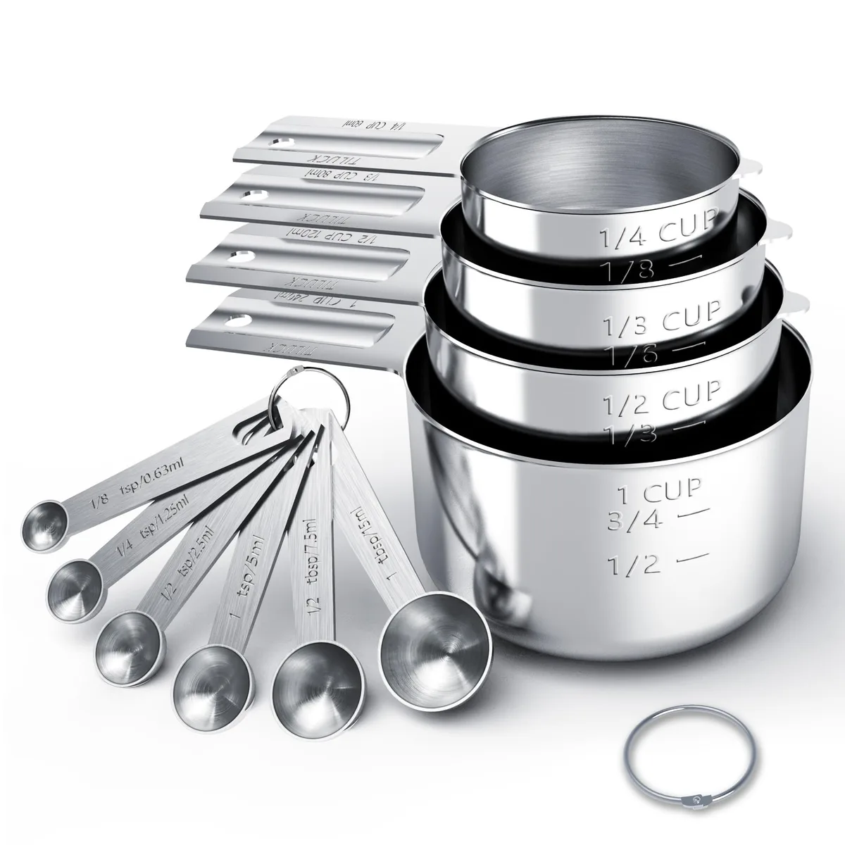 Ten-piece stainless steel measuring cups and spoons set with D-rings