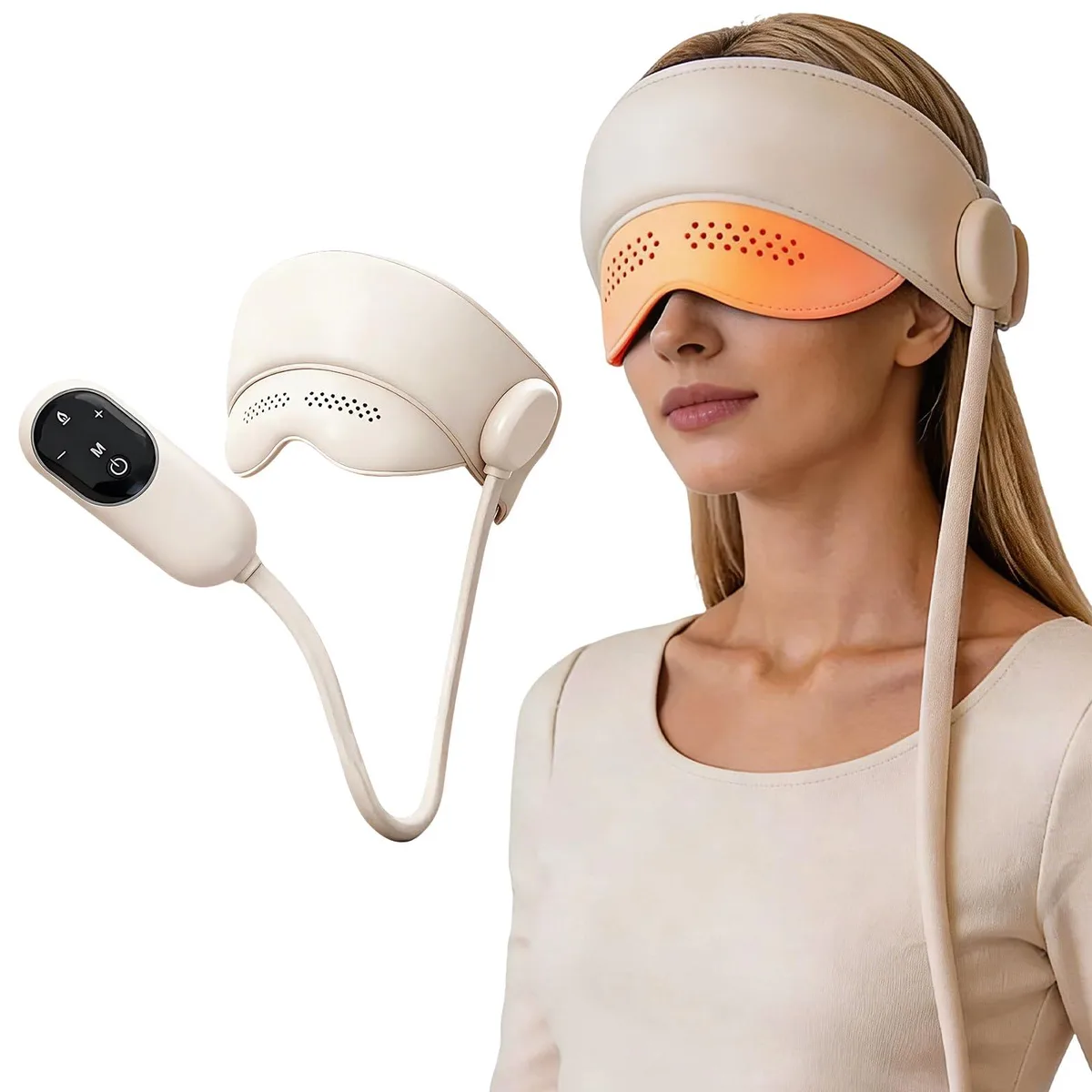 White curved head and eye massager with visible eye openings and adjustable straps