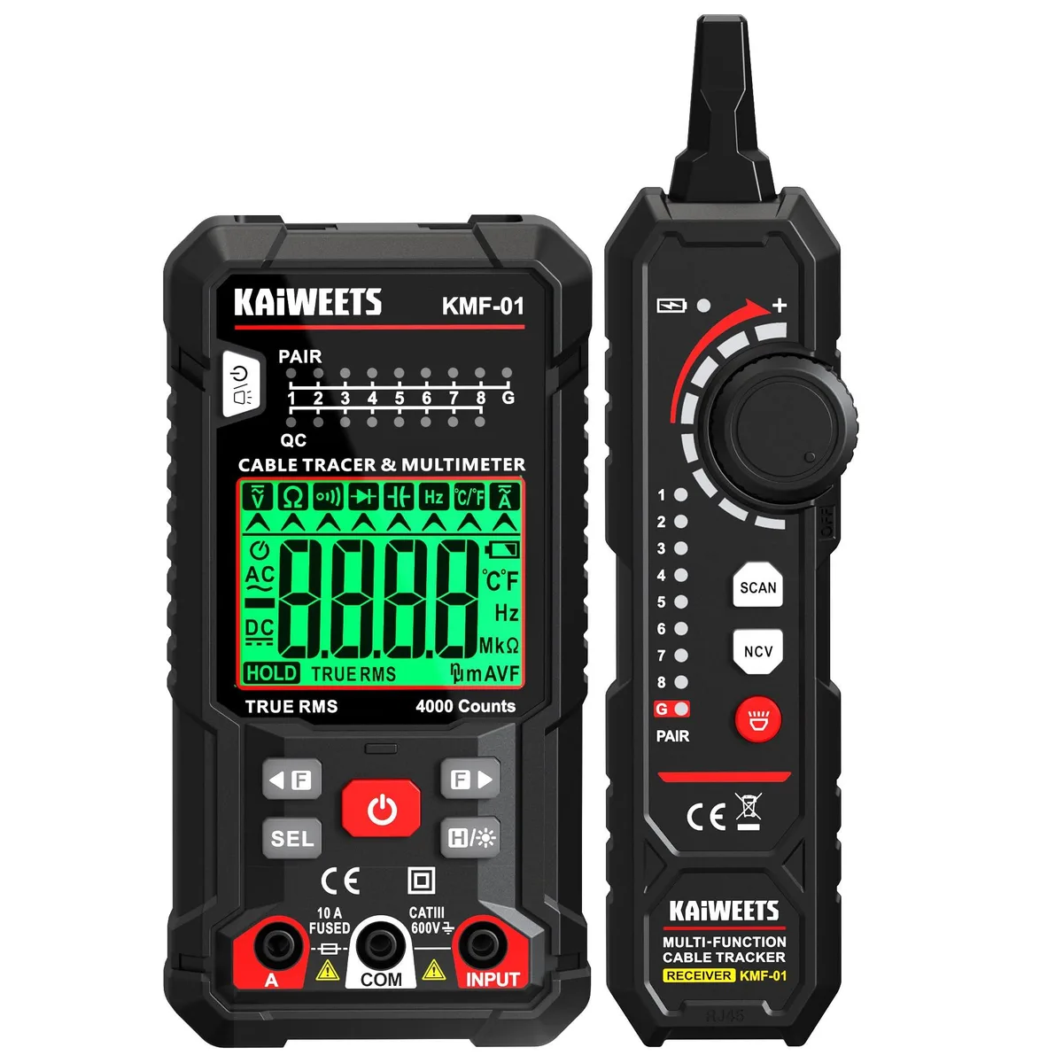 Yellow handheld multimeter and tracer kit with test leads in hard case