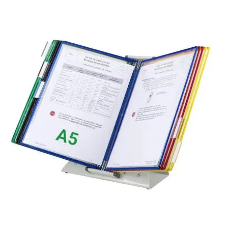 Desktop display unit with ten A5 assorted colour pockets on transparent base