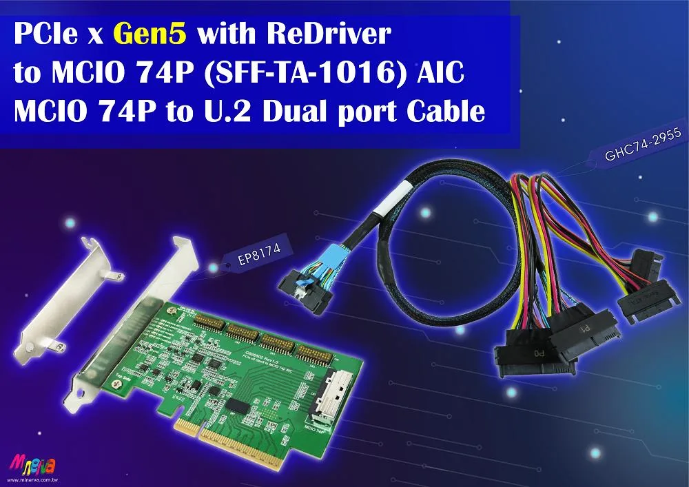 Innocard Innocard PCIe x8 Gen 5 ReDriver MCIO 74P AIC + MCIO 74P to U.2 x2 Y Cable gender changer — product photo