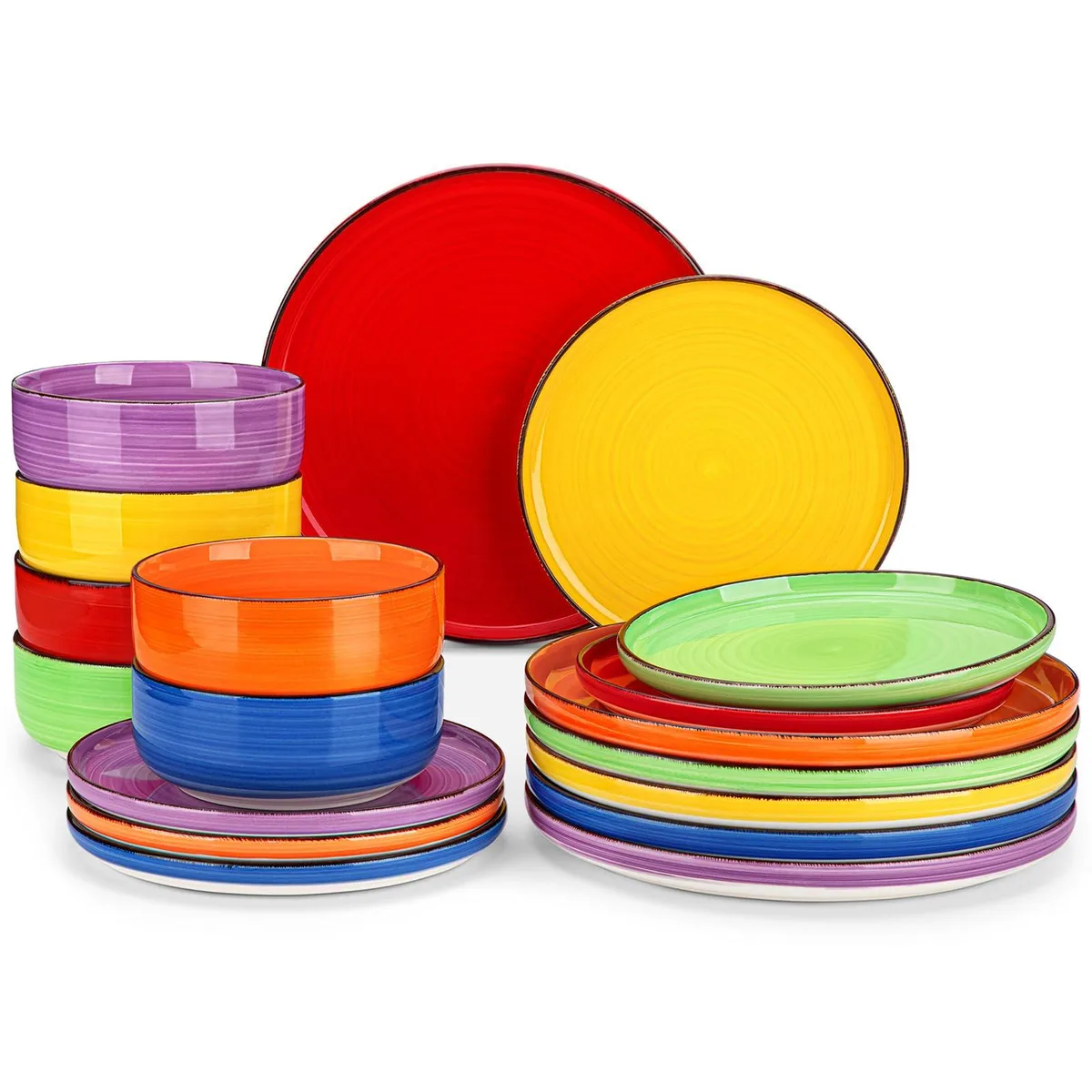 White ceramic dinnerware set with multicolor floral swirls, 18 pieces including plates and bowls