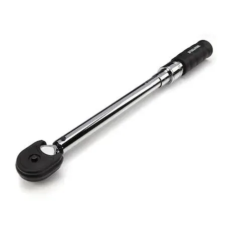 Chrome-plated 3/8-inch drive torque wrench with rubber-sleeved ratchet head in plastic case