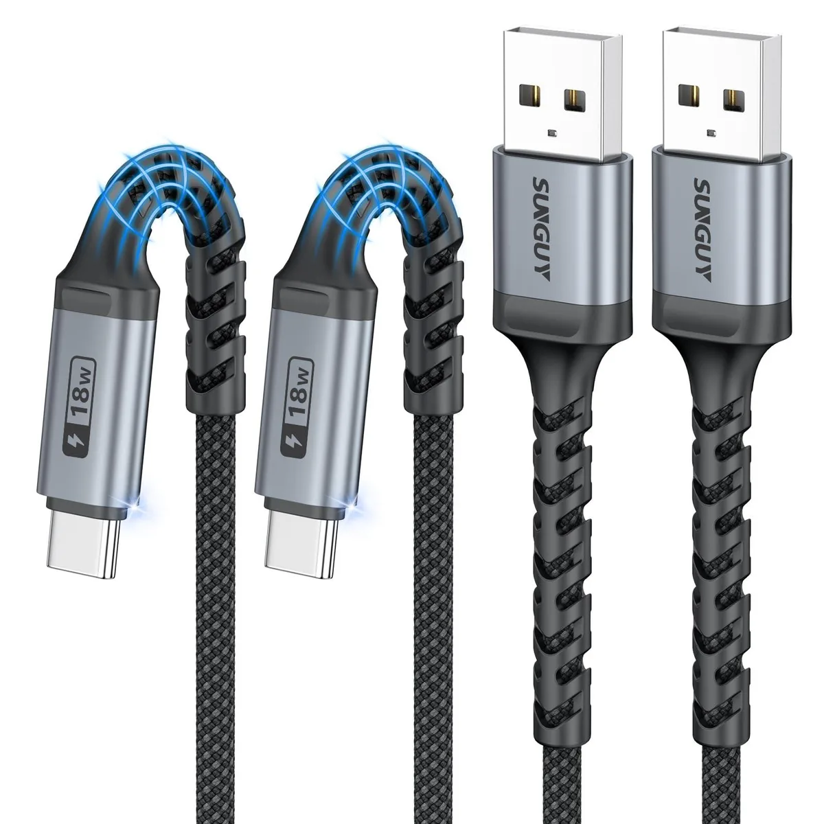 Two short orange braided USB-A to USB-C cables coiled together