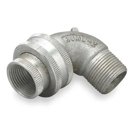 Gray aluminum conduit union with threaded ends, 90 degree elbow shape