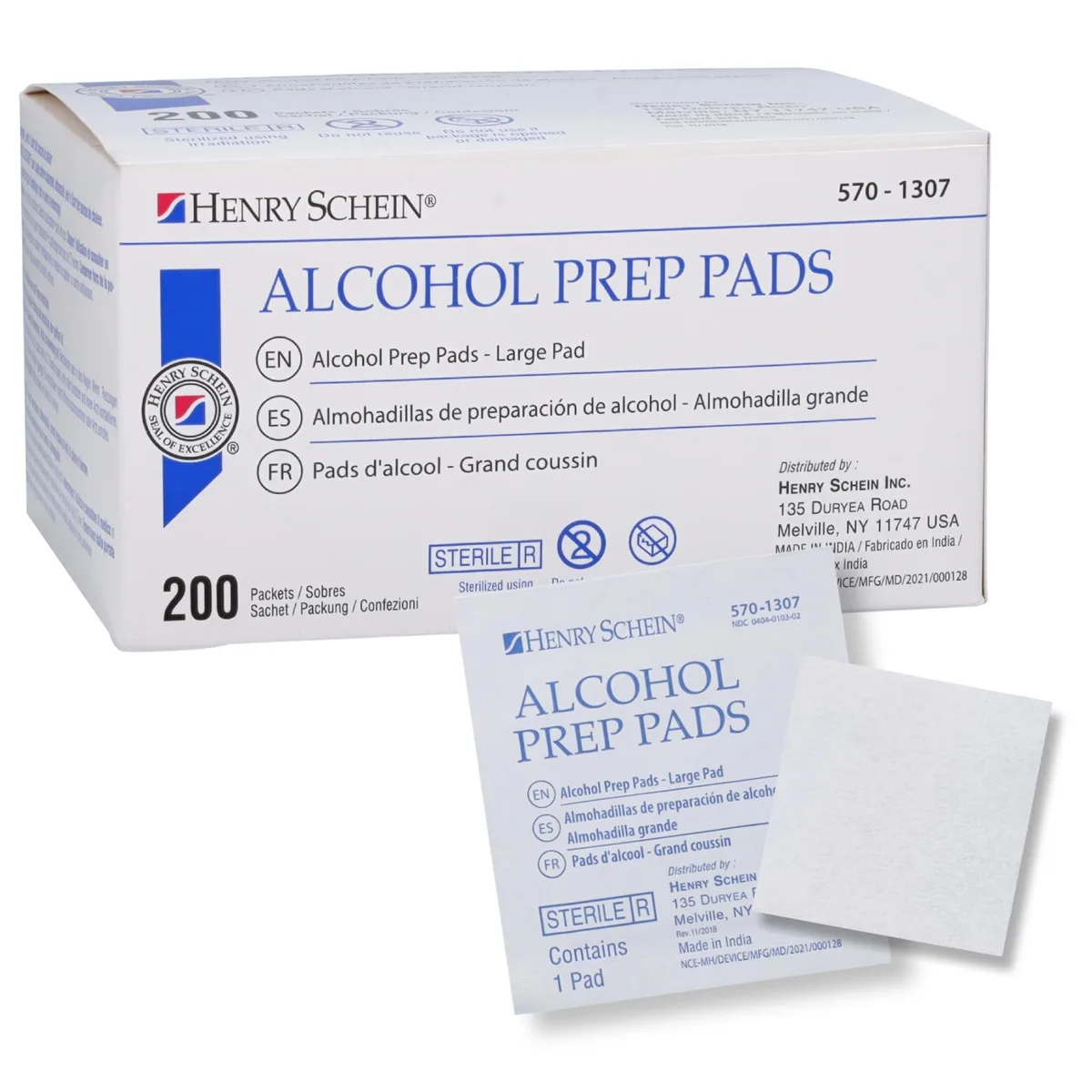 White cardboard box containing 200 sterile alcohol prep pads