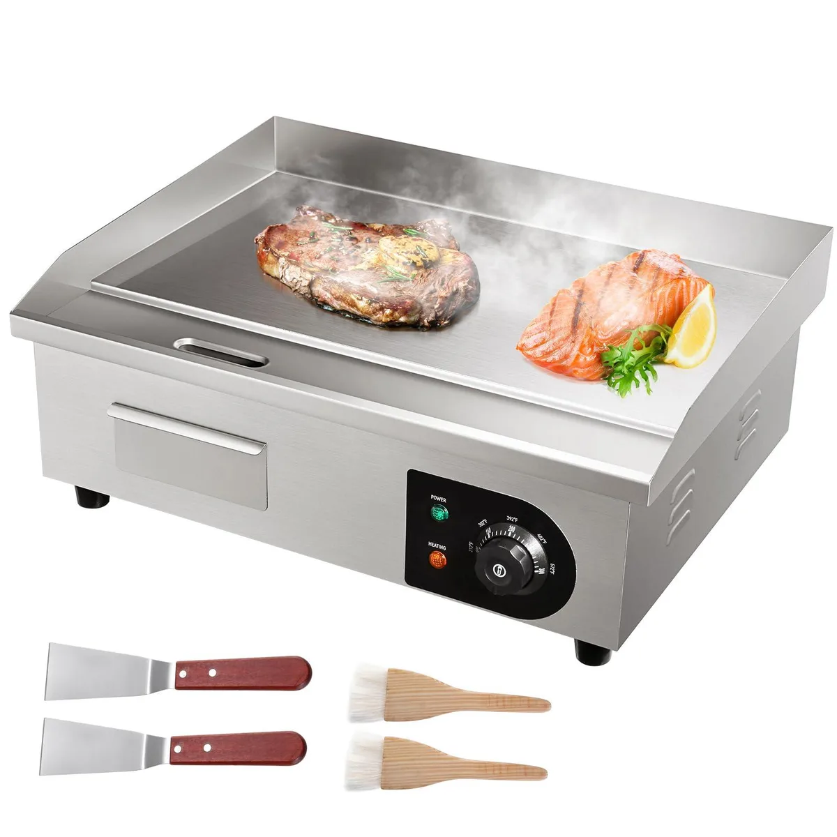 Rectangular silver stainless steel countertop griddle with thick iron cooking plate, front control knob, side grease tray