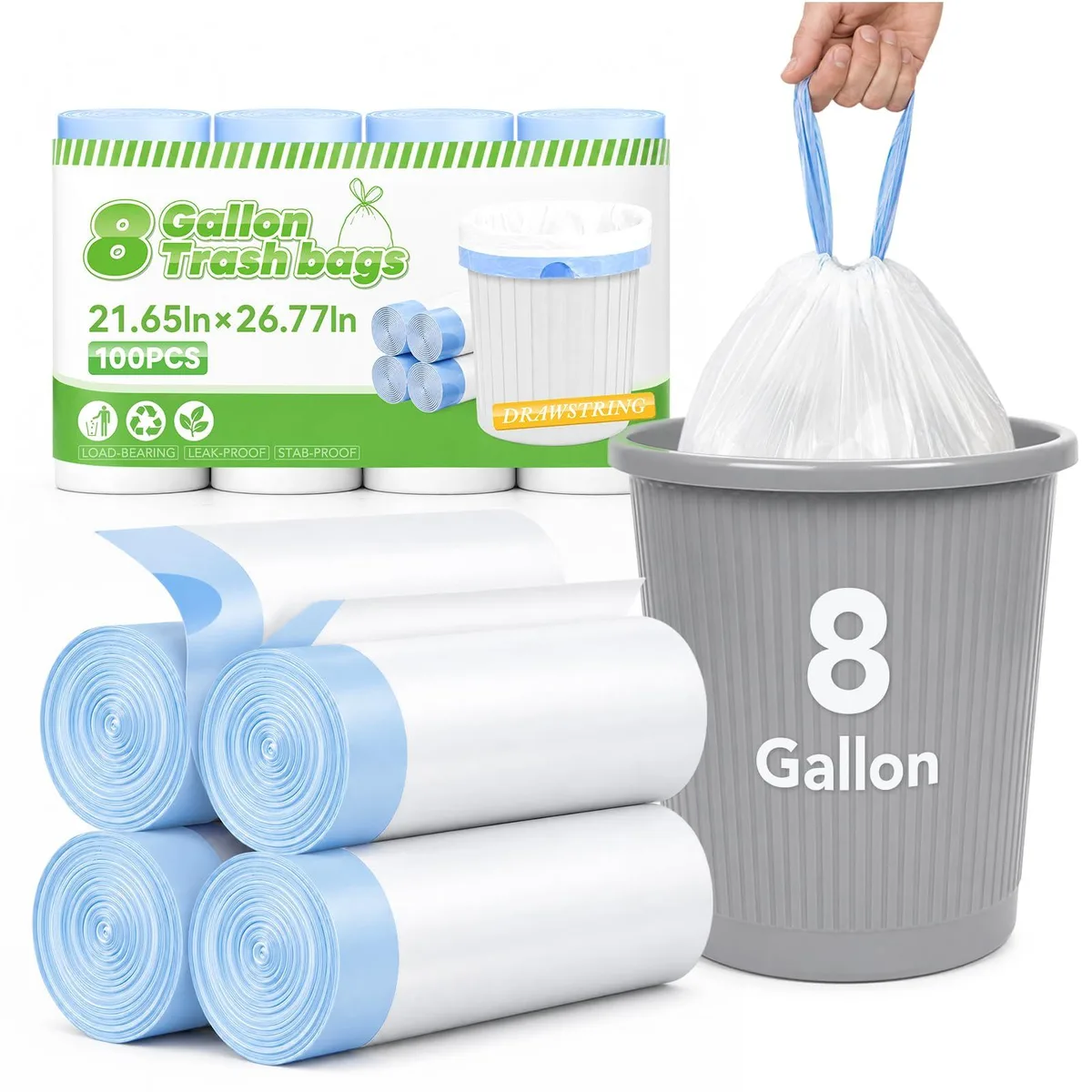 White plastic drawstring trash bags in a rectangular dispenser box