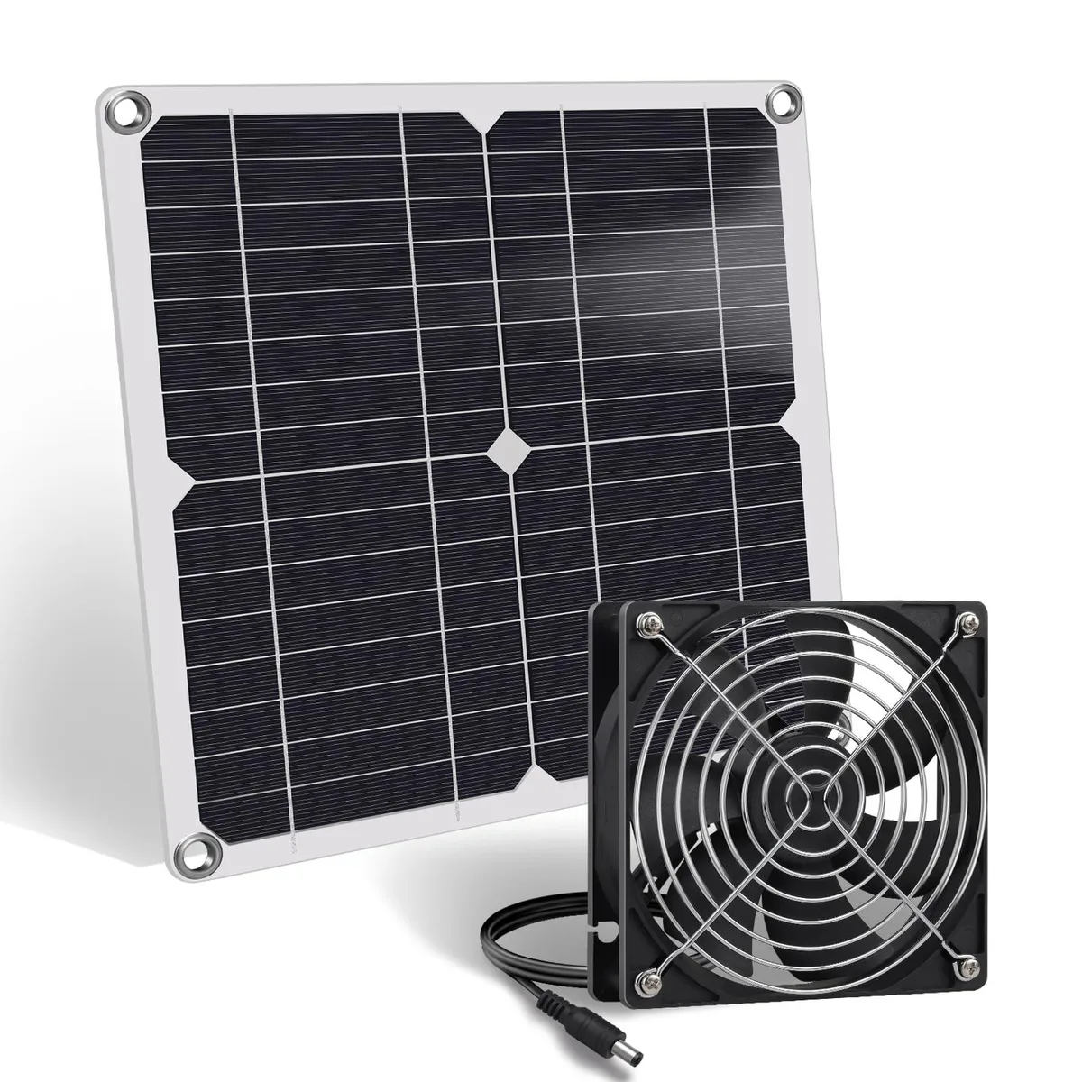 Square solar panel with small fan unit behind protective metal mesh, industrial style, IP67 weatherproof