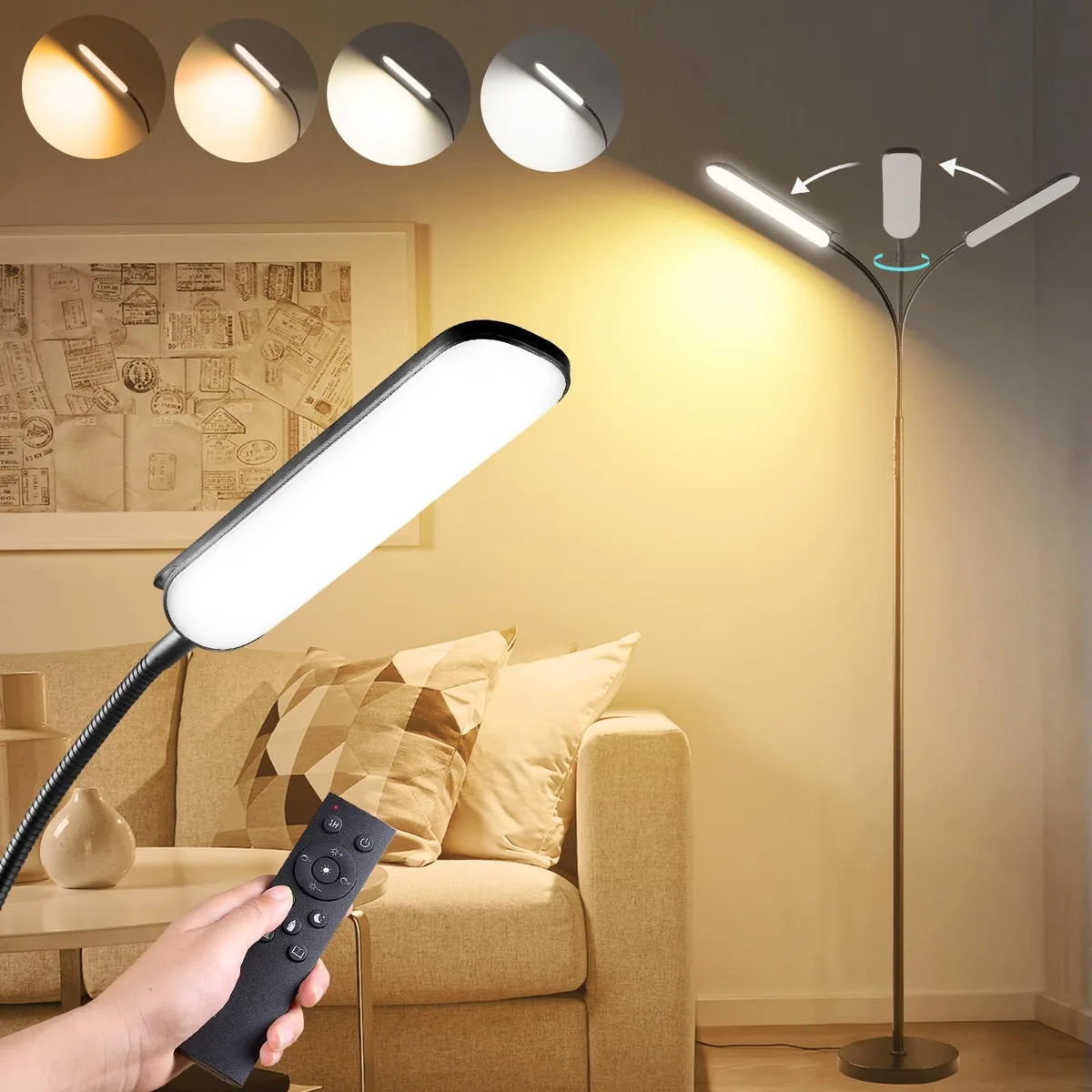 Standing floor lamp with powder-coated finish and remote control
