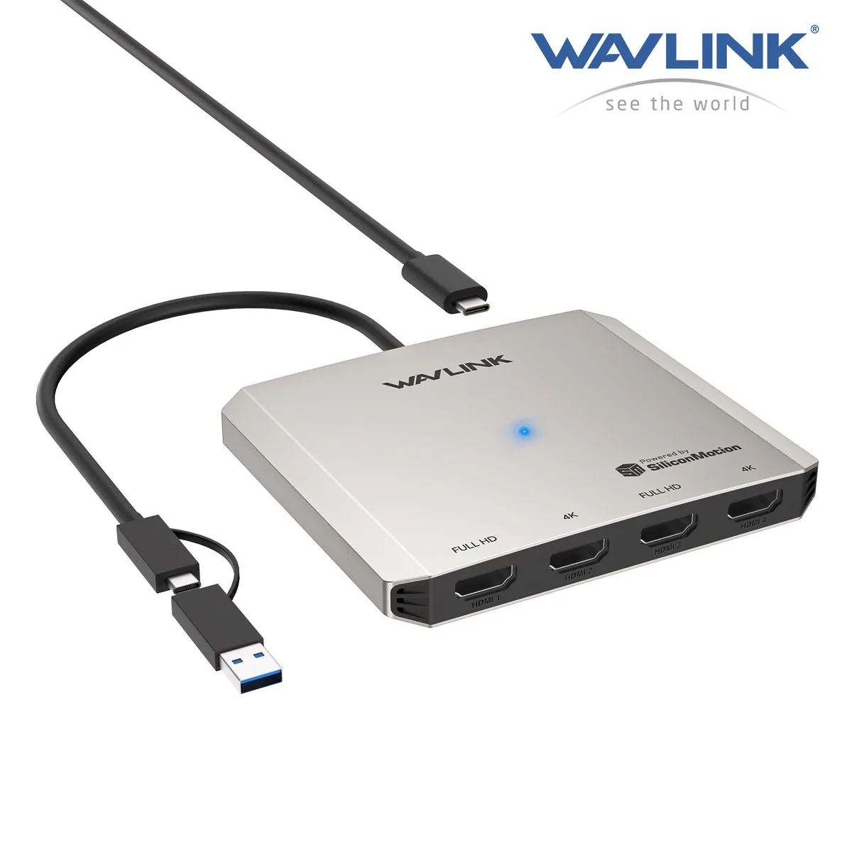 Wavlink Wavlink UG7607H USB-C/A to HDMI 4K Quad Display Adapter 2x4K@30Hz 2x1080p@60Hz Silver — product photo