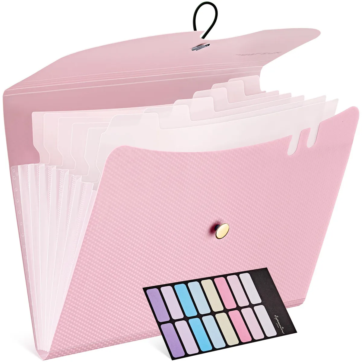 Pink plastic accordion file folder with seven pockets and snap closure