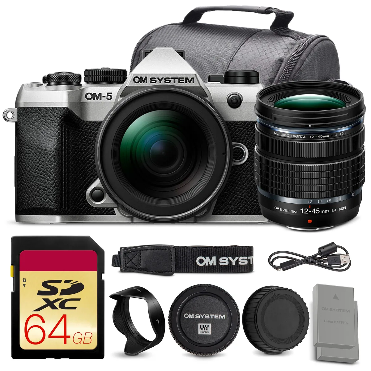 OM System OM System OM-5 Mark II 12-45mm f/4 PRO Kit + 64GB Card + Battery — product photo