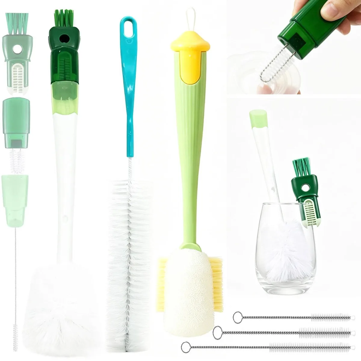 Six-piece bottle brush set with assorted heads and long handles