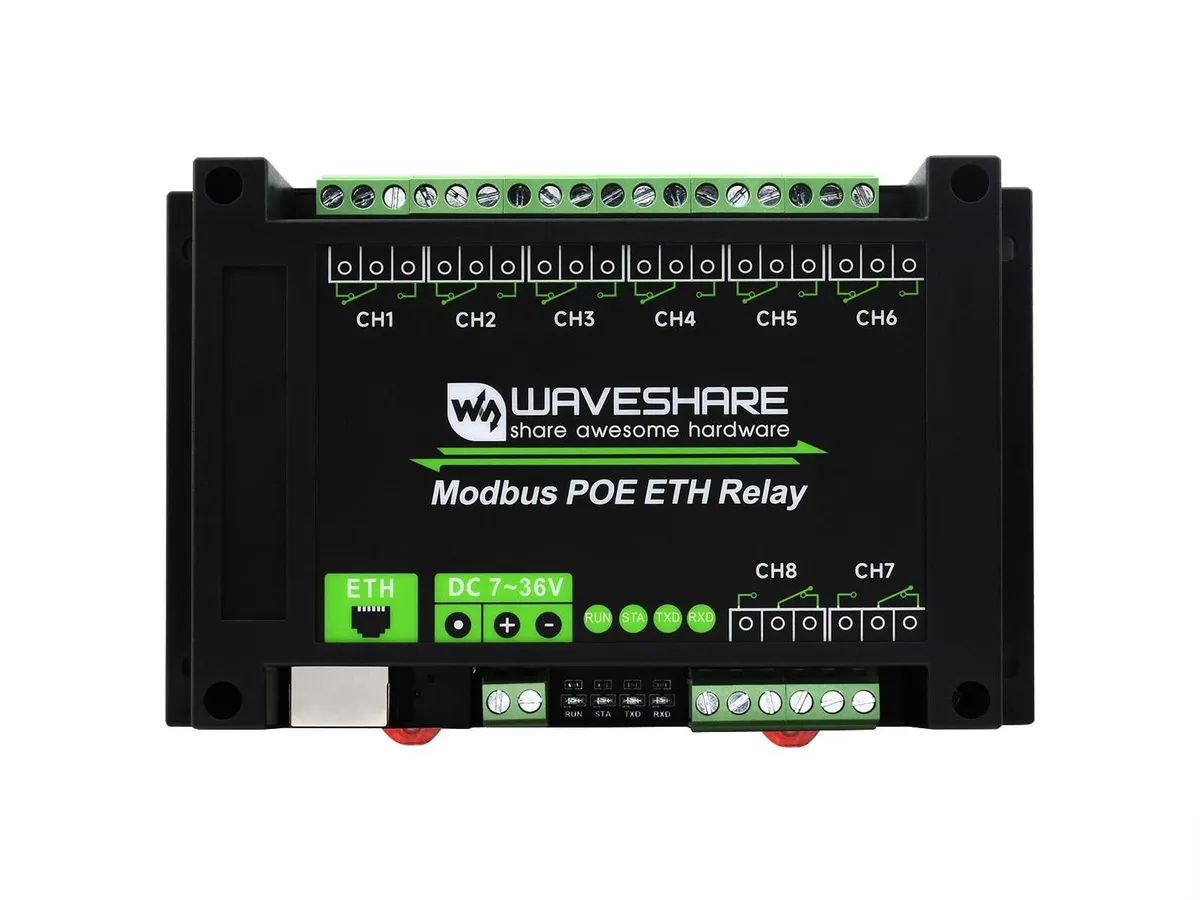 WaveShare 8-channel Ethernet relay module in rail-mounted ABS case with LEDs