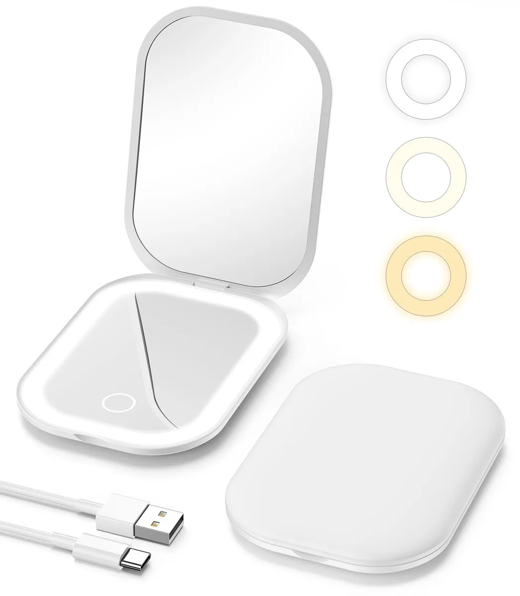White round tabletop mirror with built-in LED light ring, 4.2 inch diameter