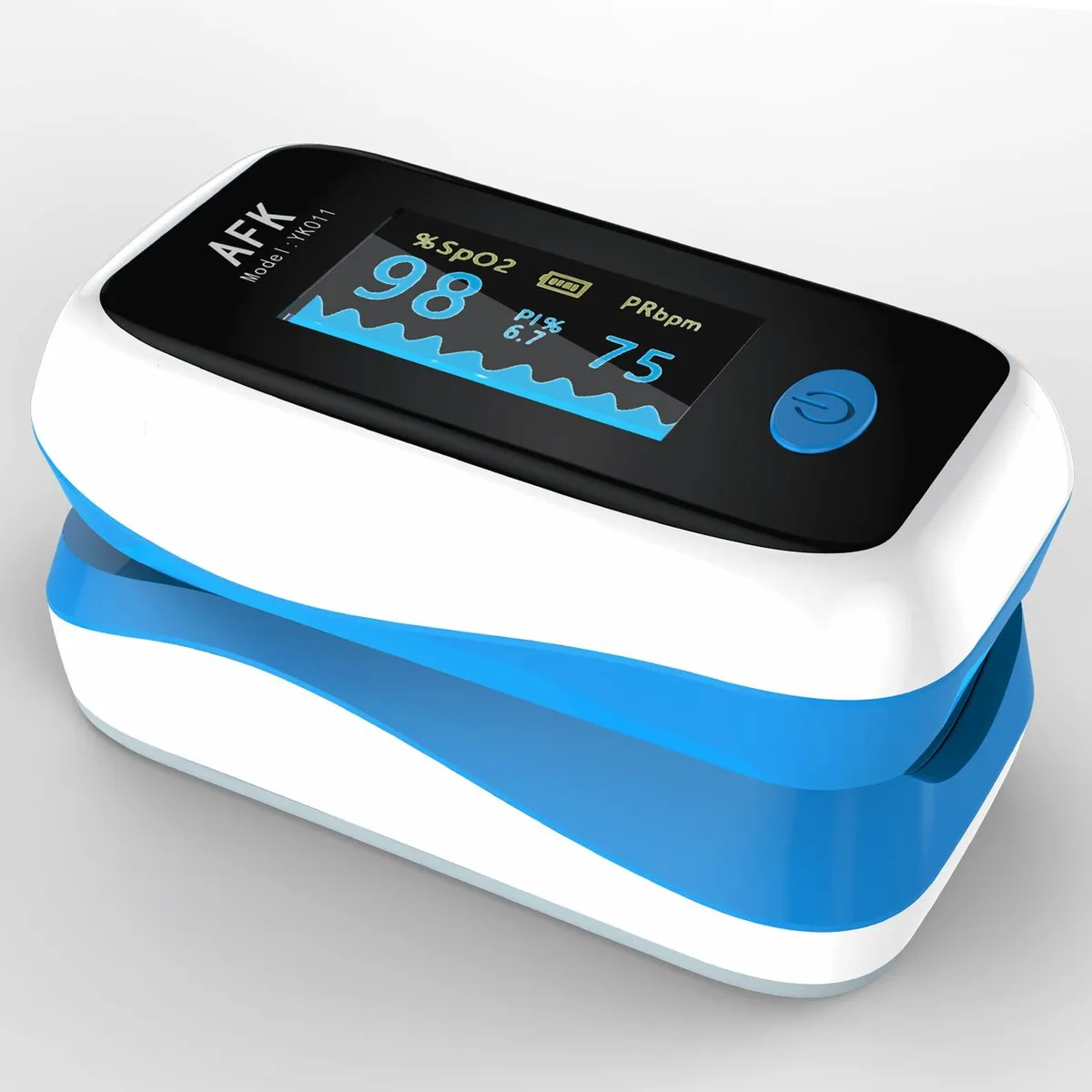 Small white fingertip pulse oximeter with clear display showing SpO2 and heart rate