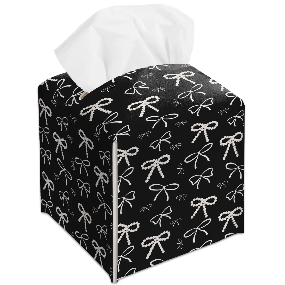 Cube-shaped leather tissue box cover in black and white with pearl bow detail