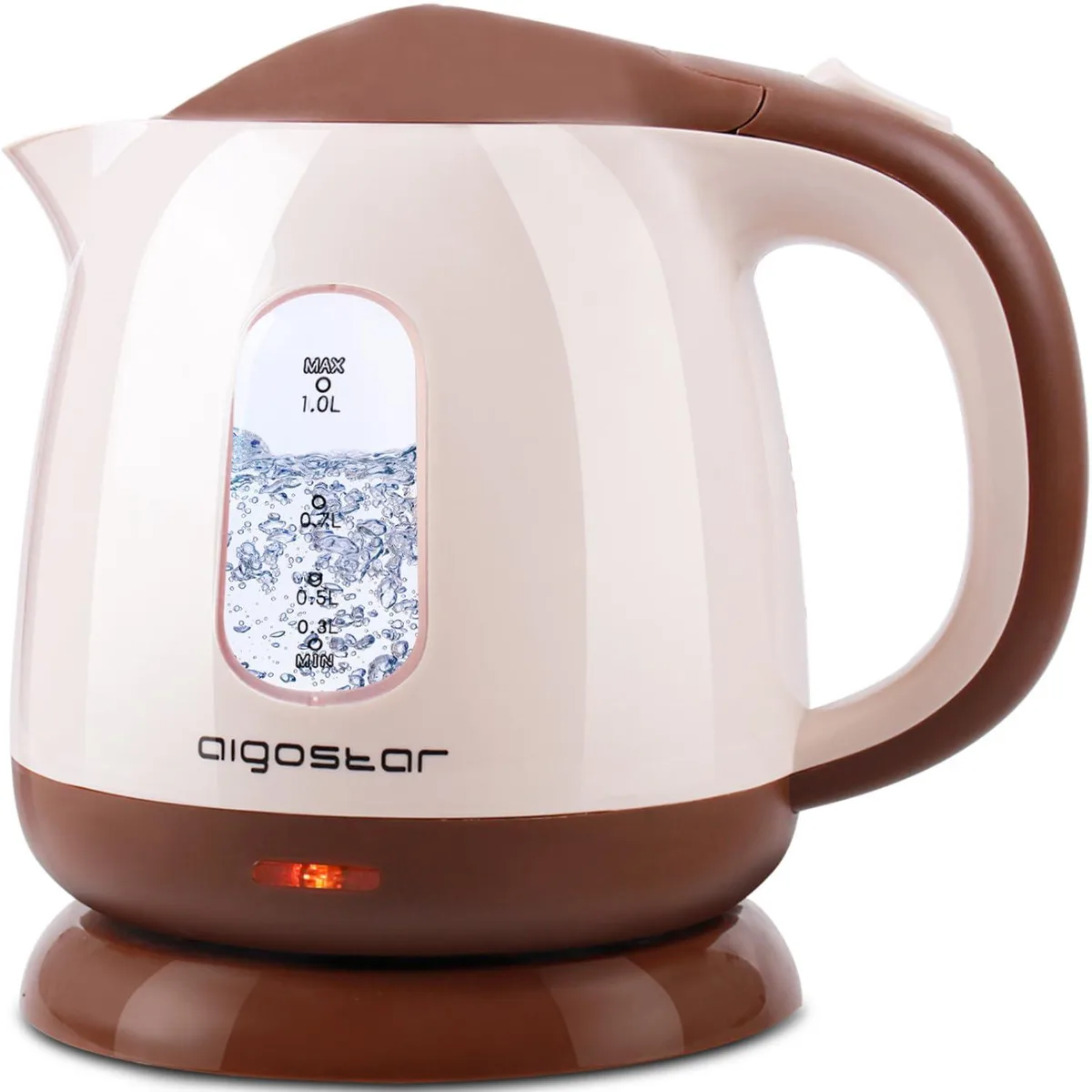Brown plastic electric kettle, 1.0 litre capacity, cordless base