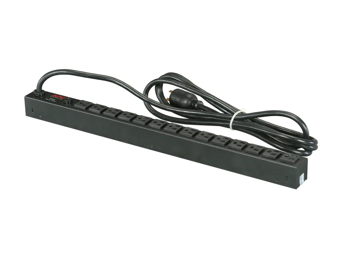Vertical black metal power strip with 14 outlets and a locking plug